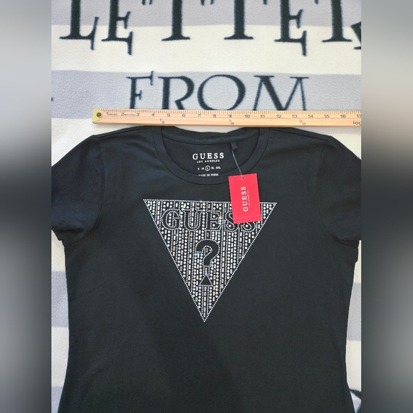 GUESS T-Shirt Women's Black Rhinestone Bling Triangle Logo Large NEW - Picture 13 of 13